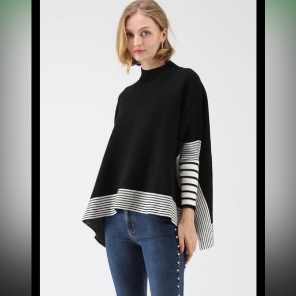 Pink Lily Sweaters - Pink Lily black& white striped knit poncho 
Mock turtleneck collar